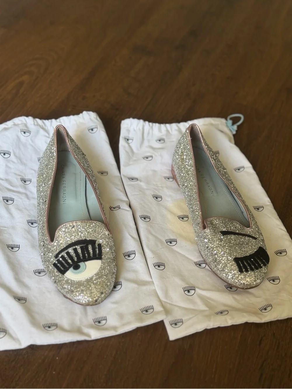 Chiara Ferragni Silver Glitter Eye Flats